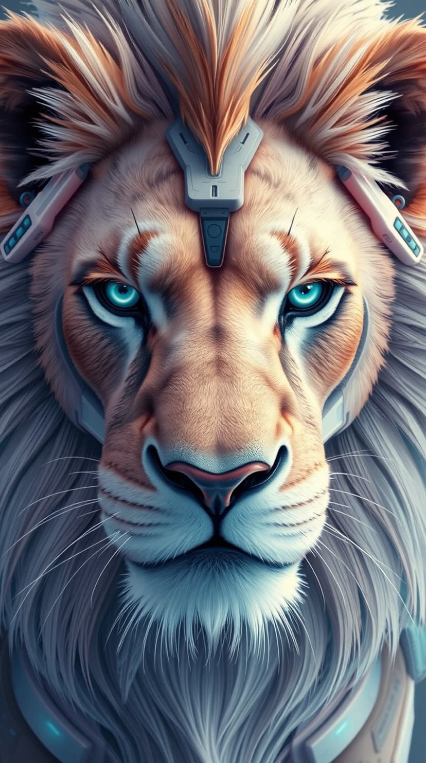 Cybernetic lion head featuring luminous blue eyes and intricate metallic armor plates within a thick dark mane.