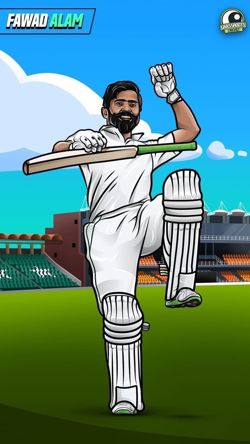 Fawad Alam raises a cricket bat and clenches his fist while celebrating on a green field under a blue sky.