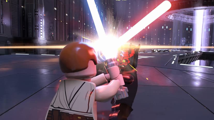 LEGO Obi-Wan Kenobi and Darth Maul clashing blue and red lightsabers in a glowing industrial corridor.