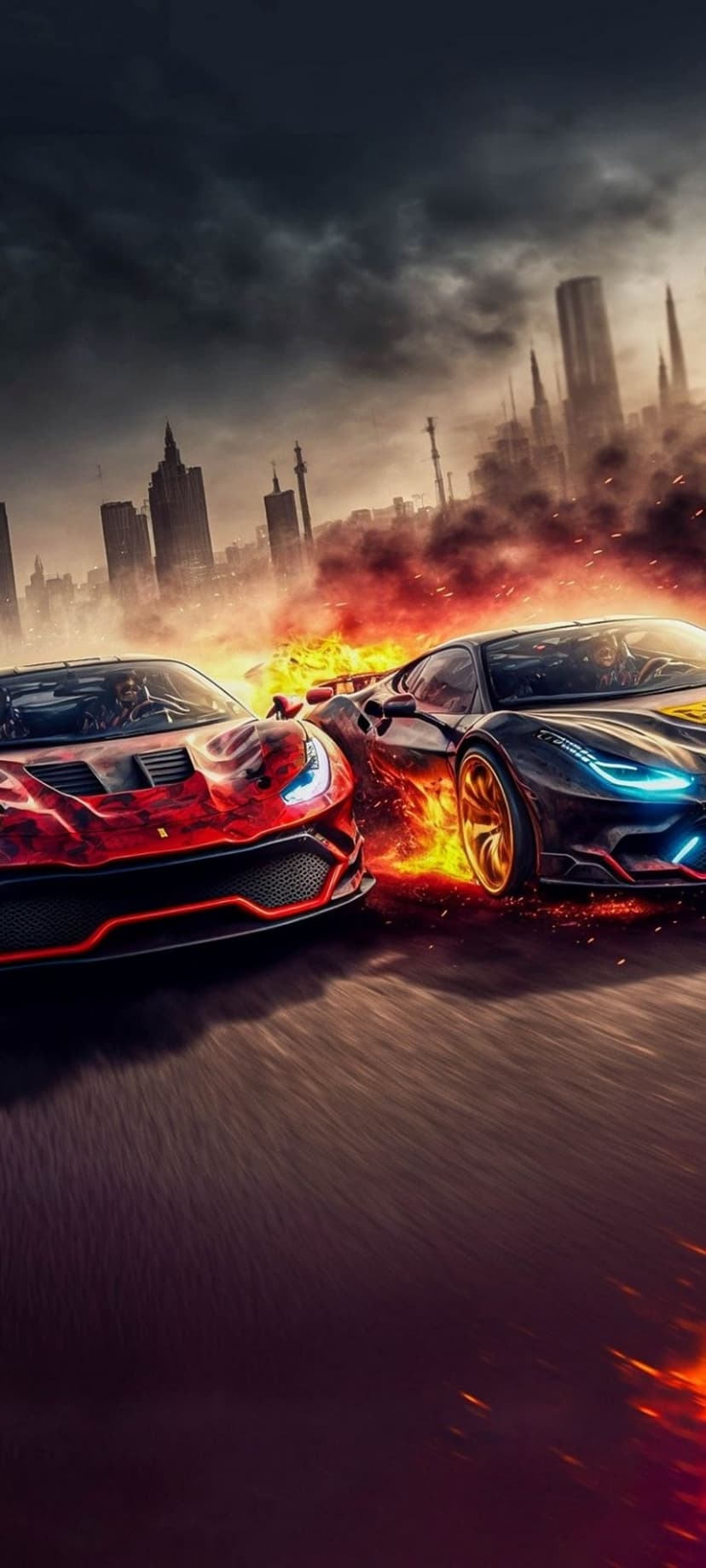 Red and black supercars race side-by-side through a dark city street filled with orange flames and smoke.
