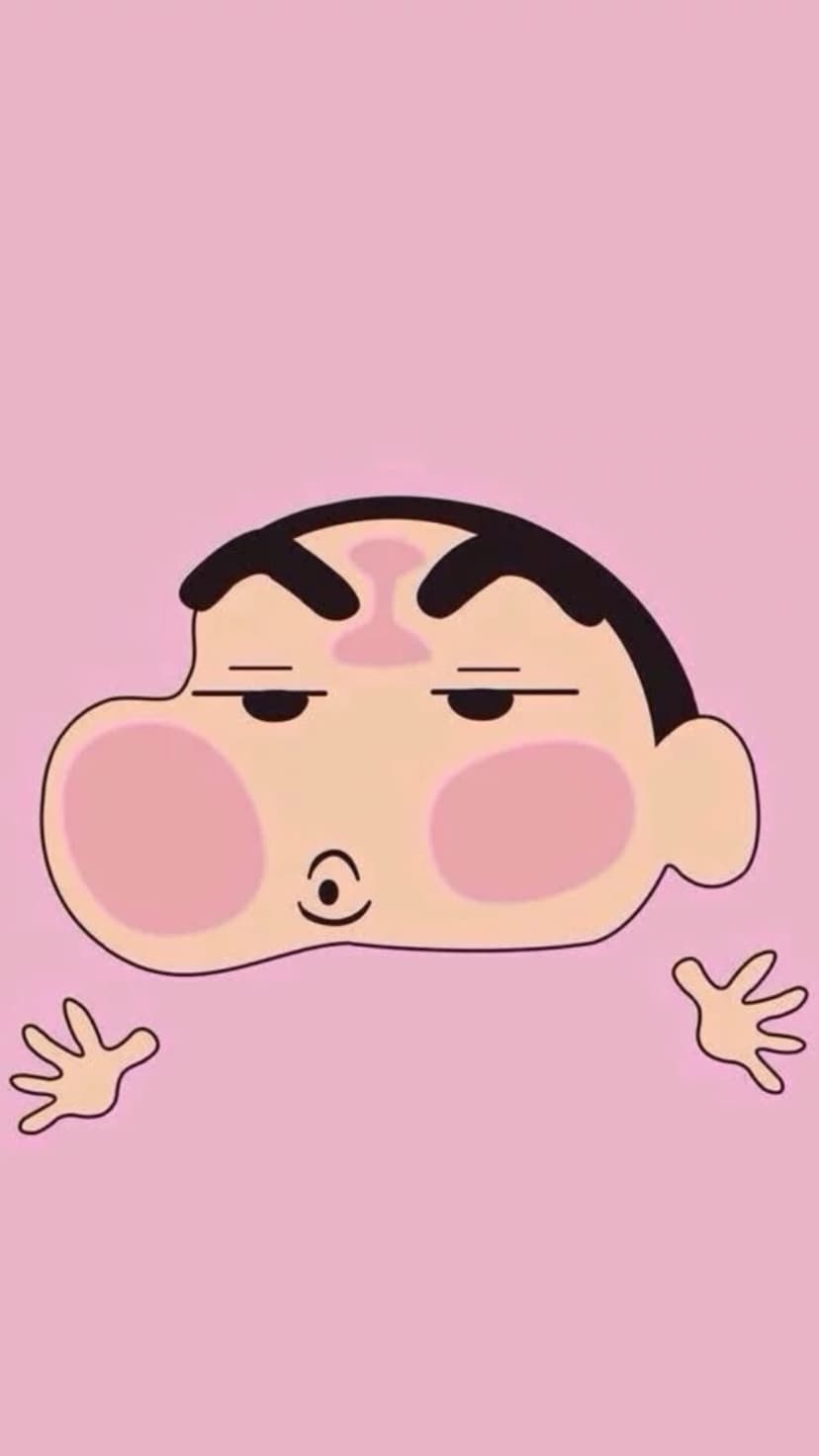 Shin Chan with thick eyebrows and rosy cheeks peeks from a pink background with small hands on the frame.