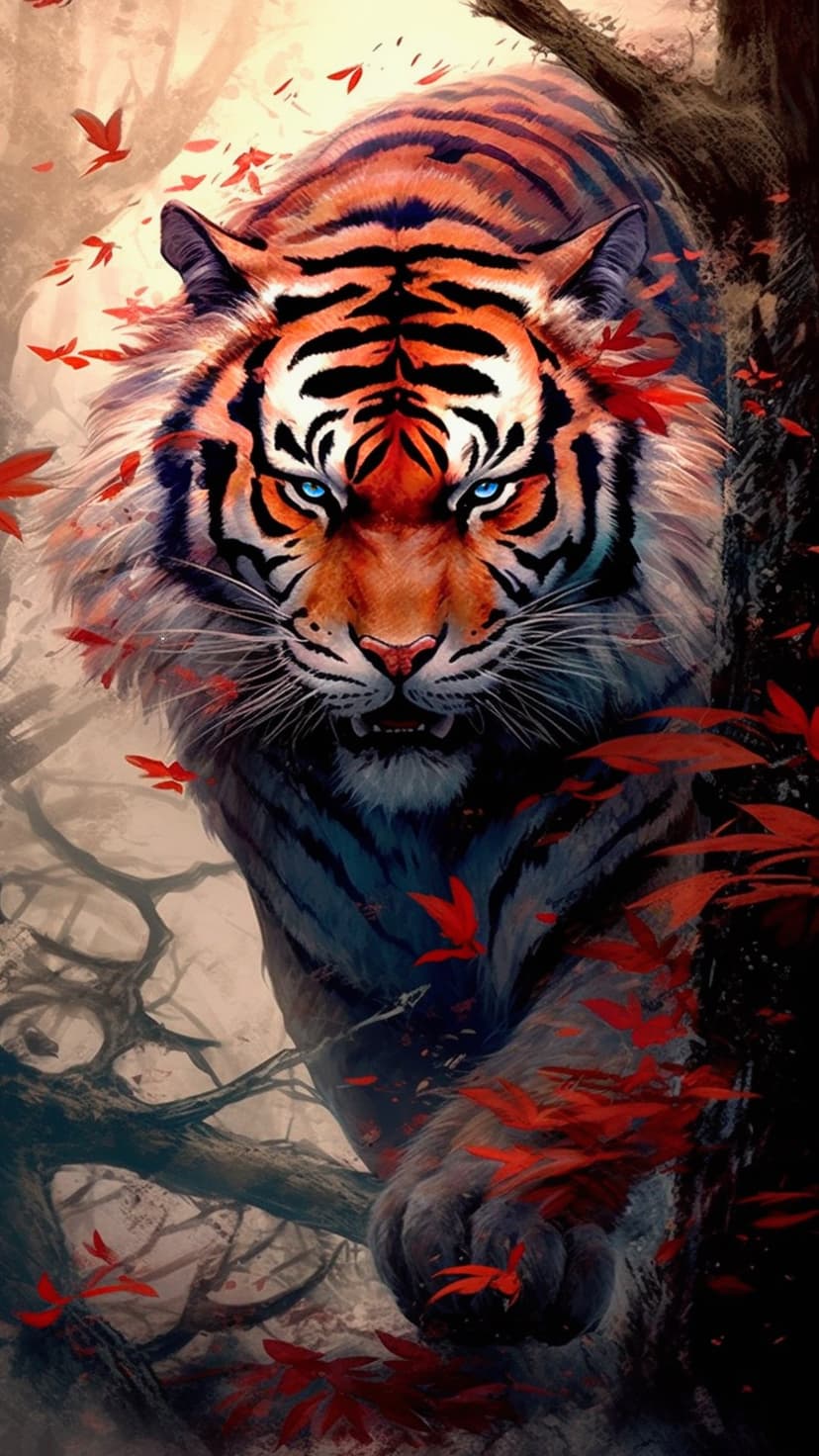 Tiger with bright blue eyes stares forward while red maple leaves fall in a dark, shadowy forest setting.