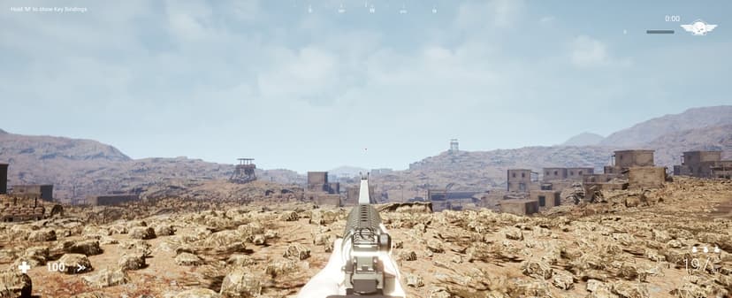 First-person view of a rifle overlooking a desert village with rocky terrain and stone buildings under a pale sky.