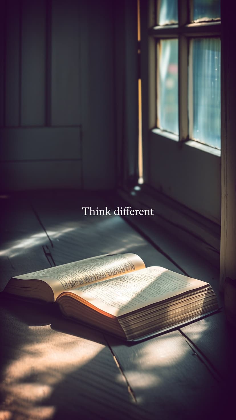 Open book on a wooden floor illuminated by golden sunbeams with the text Think Different on the paper.