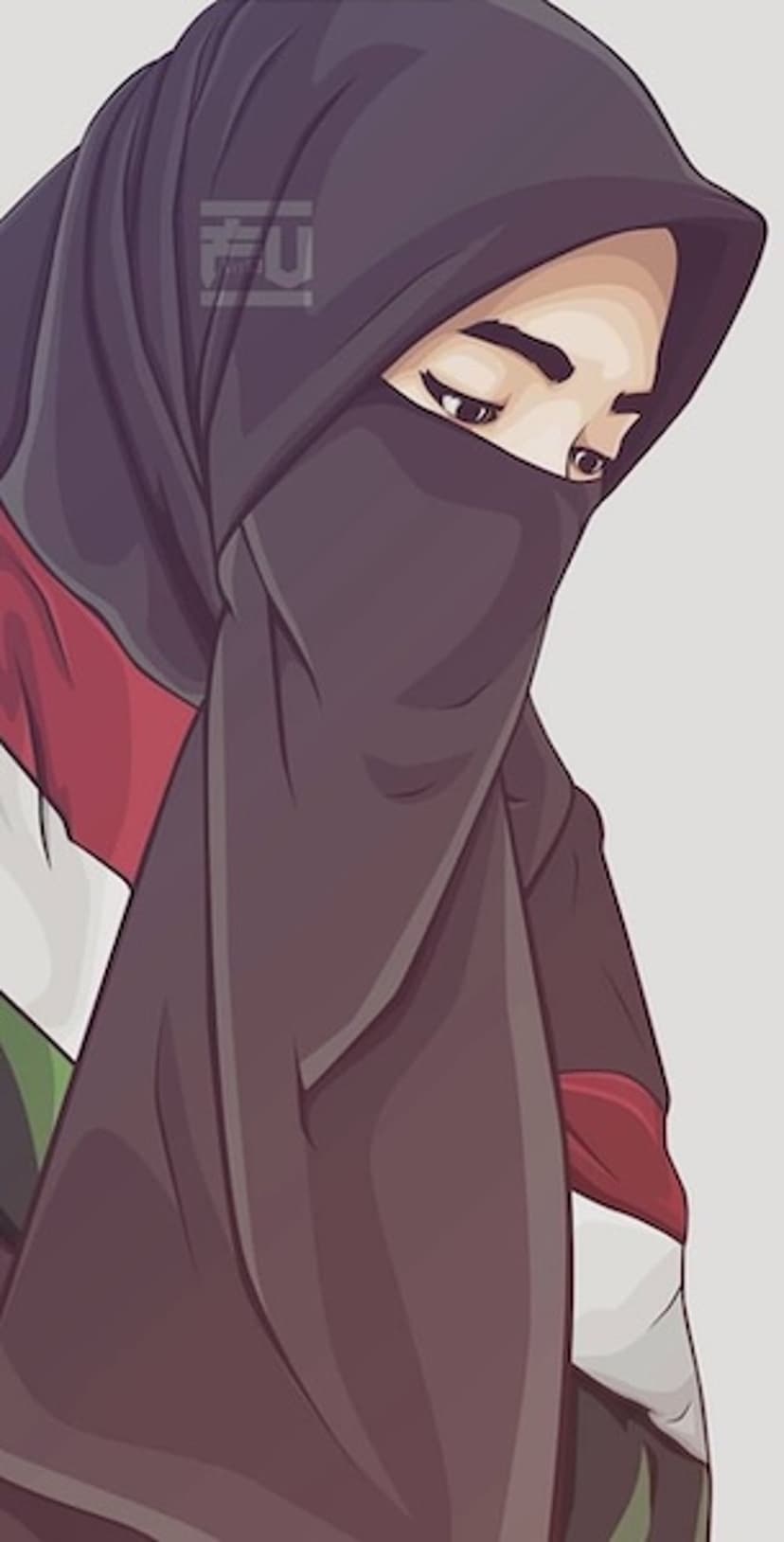Woman in a black niqab and hijab featuring red, green, and white stripes, focusing on her dark, expressive eyes.
