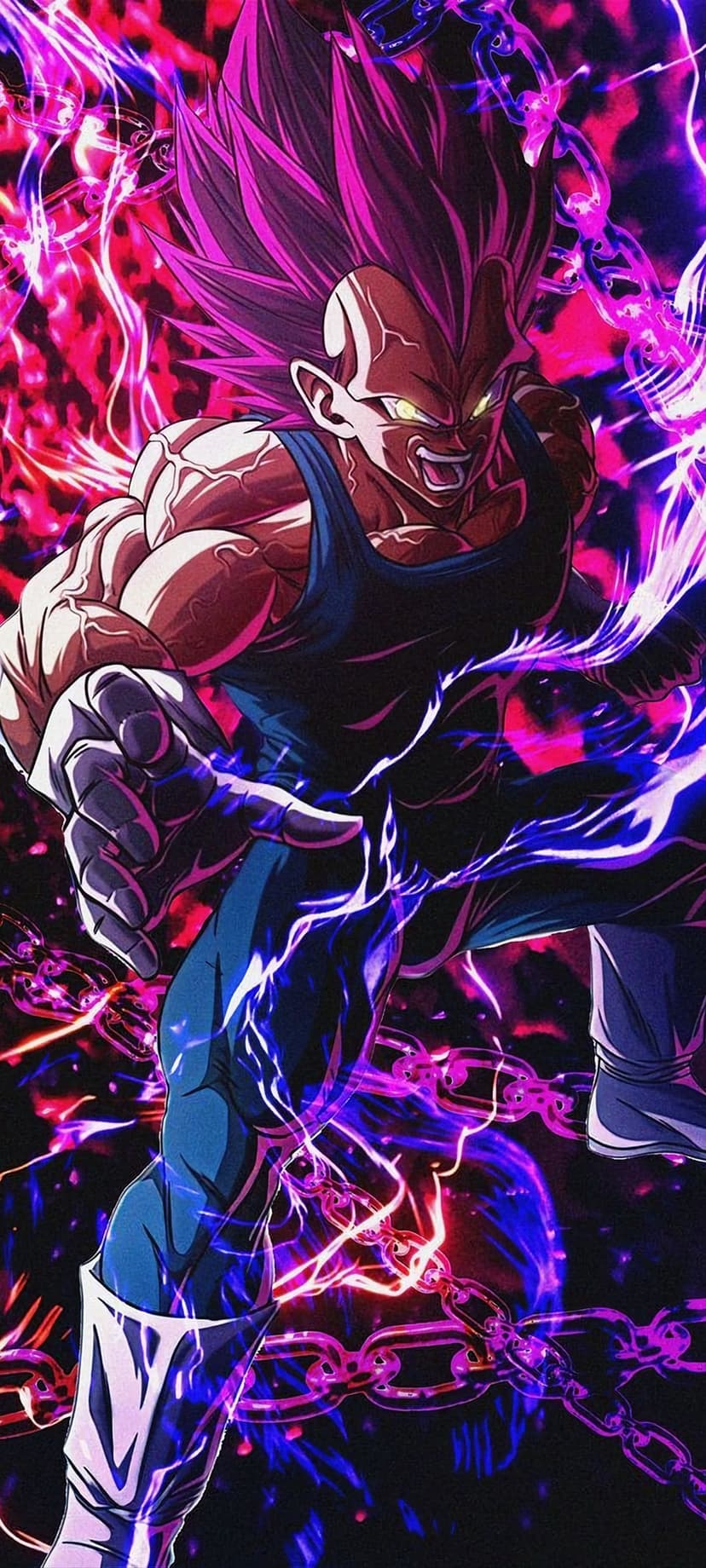 Vegeta in Blue Evolution form glows with a pink aura, electric sparks, and chains around his muscular frame.