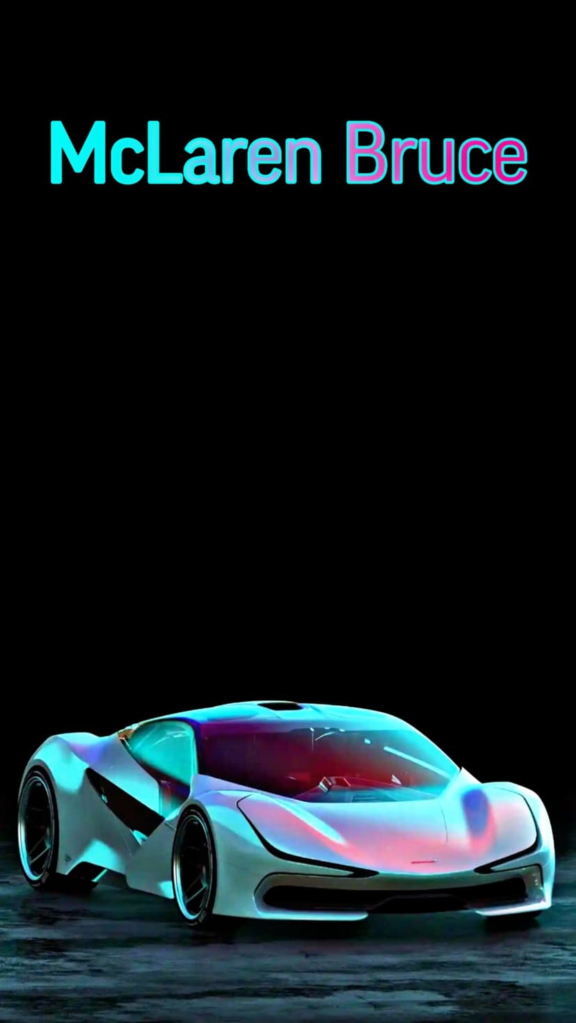 McLaren Bruce concept supercar with glowing cyan and pink neon lights reflecting off sleek aerodynamic bodywork.