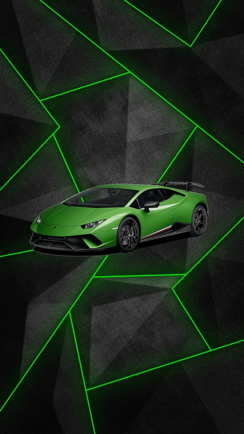 Green Lamborghini supercar angled on a dark background with glowing neon geometric lines and sharp patterns.