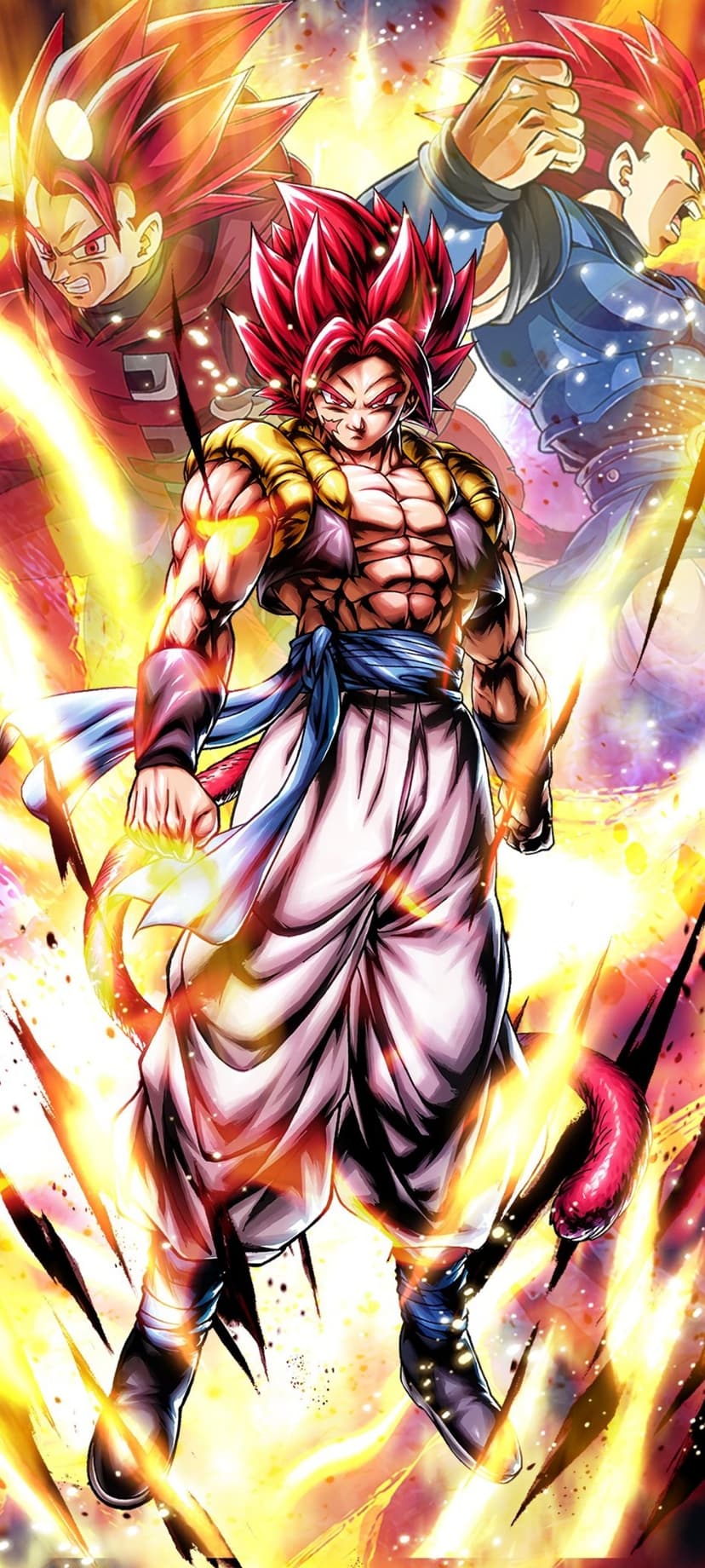 Gogeta stands with a fierce expression, surrounded by a radiant crimson energy aura and glowing gold particles.