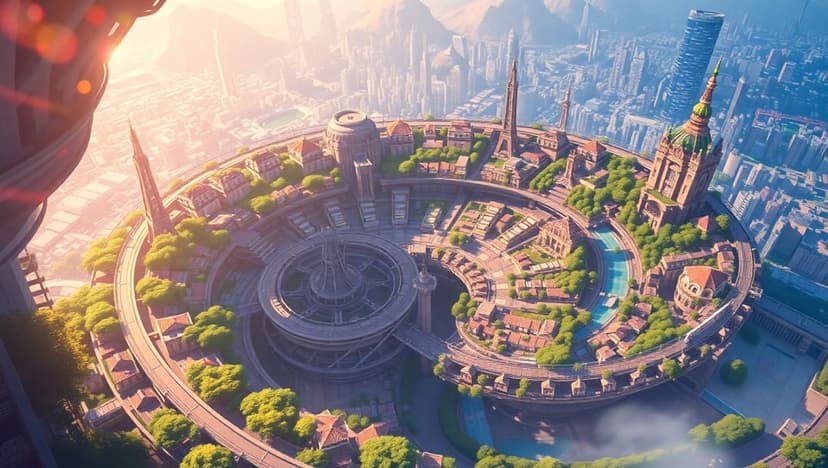 Spiraling urban towers and tiered green terraces form a circular city layout bathed in warm golden sunlight.