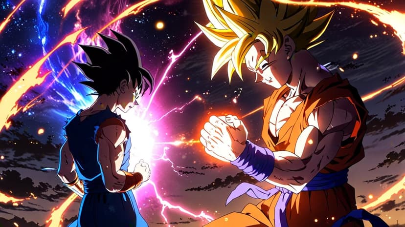Goku in a blue gi clashing hands with a golden-haired Super Saiyan against a dark stormy celestial sky.