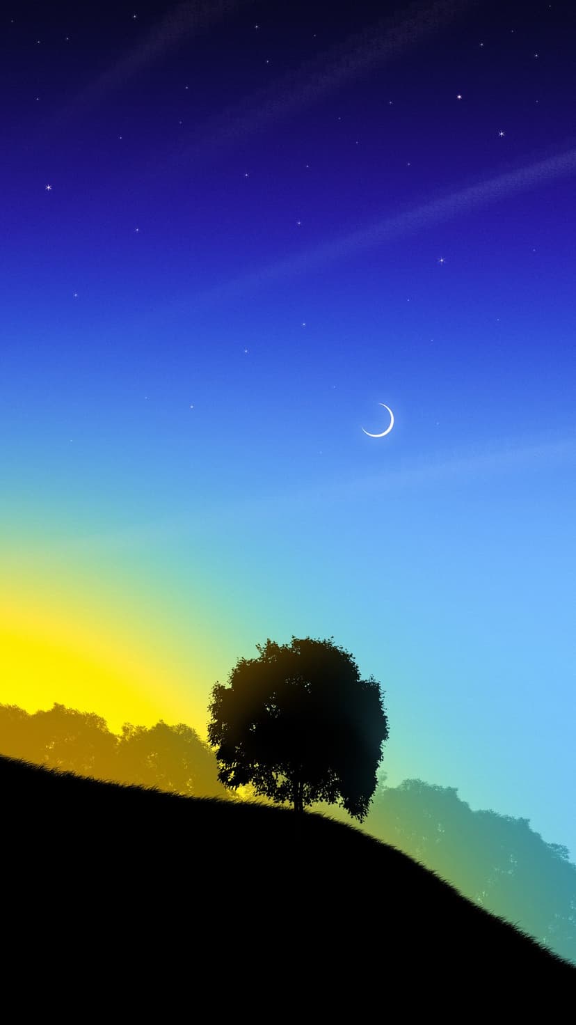 Solitary tree silhouette on hills beneath a crescent moon and stars in a blue and yellow twilight sky.