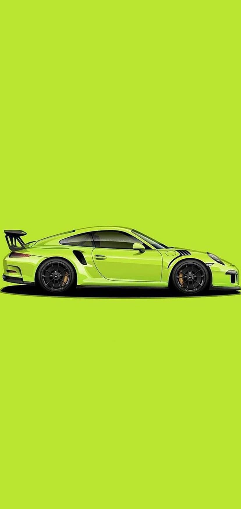 Lime green Porsche 911 GT3 RS featuring a massive rear wing and aerodynamic vents on a plain background.