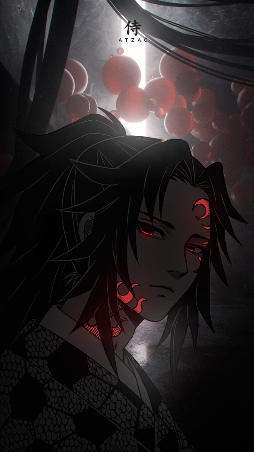 Kokushibo with six red eyes and moon markings stands before glowing red lanterns in a dark samurai scene.