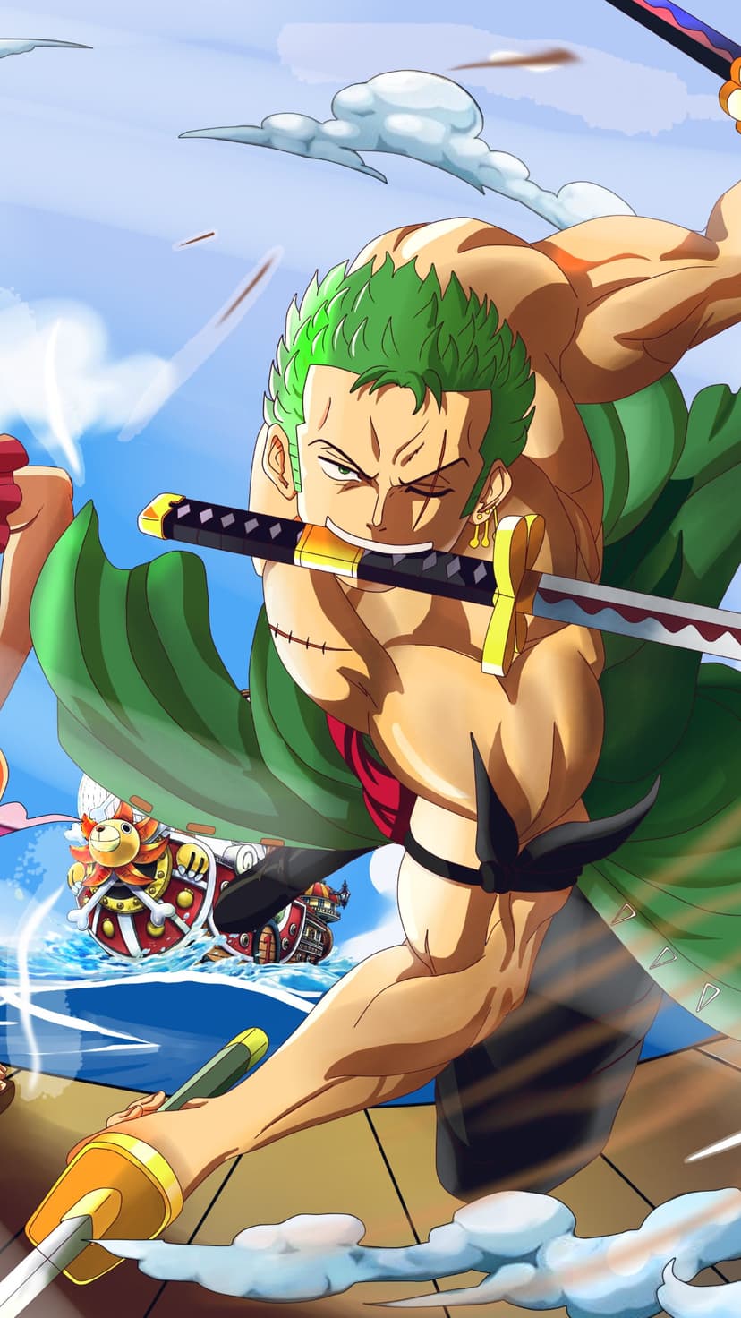 Roronoa Zoro holds three swords in a combat stance with the Thousand Sunny ship sailing on a bright blue ocean.