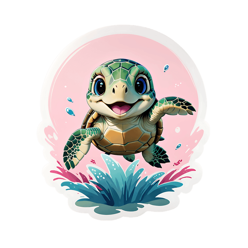 Sea turtle sticker illustration shows a green reptile jumping through blue water splashes on a pink background.