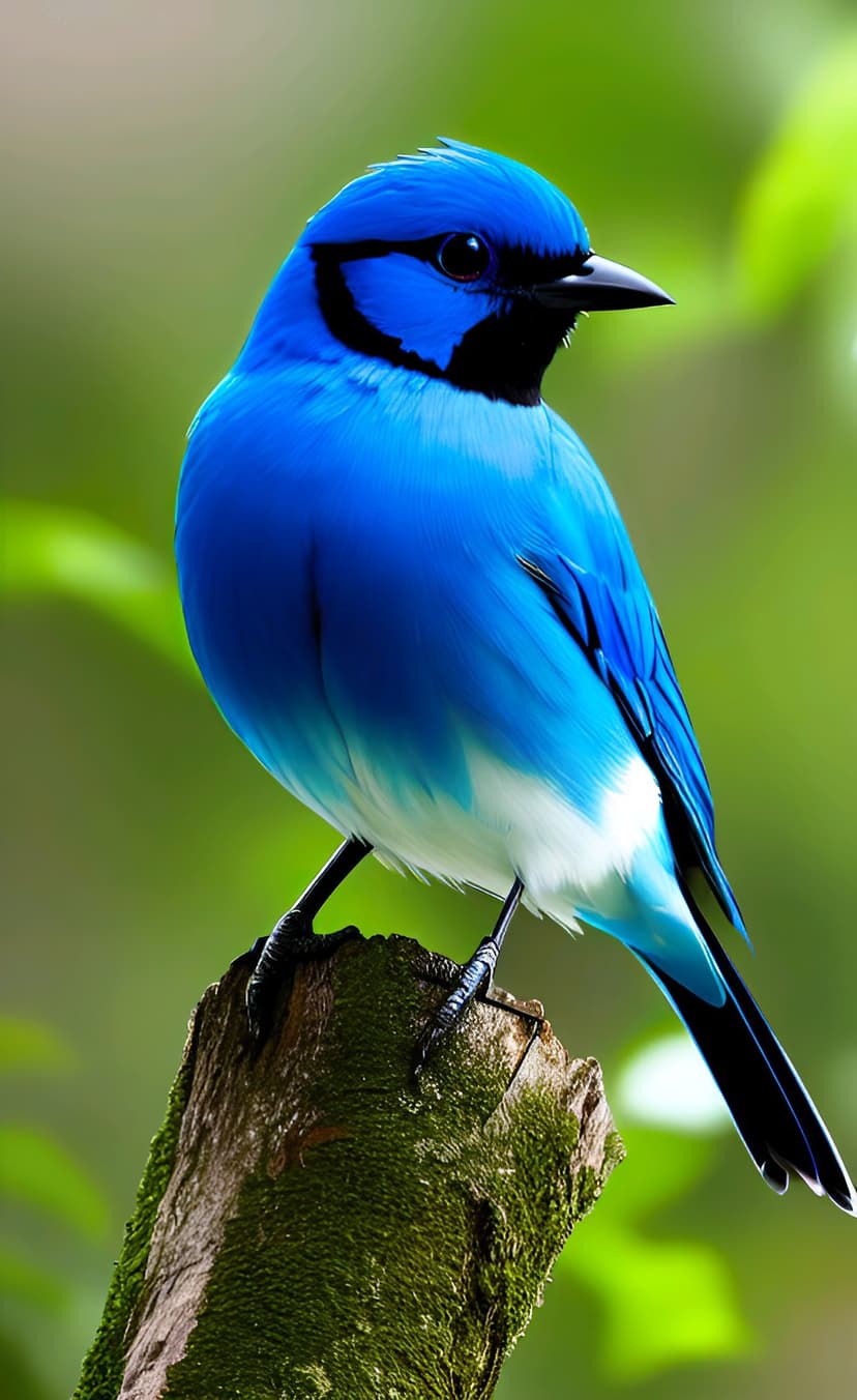 Blue bird with black markings perches on a mossy branch against a soft green out-of-focus forest background.