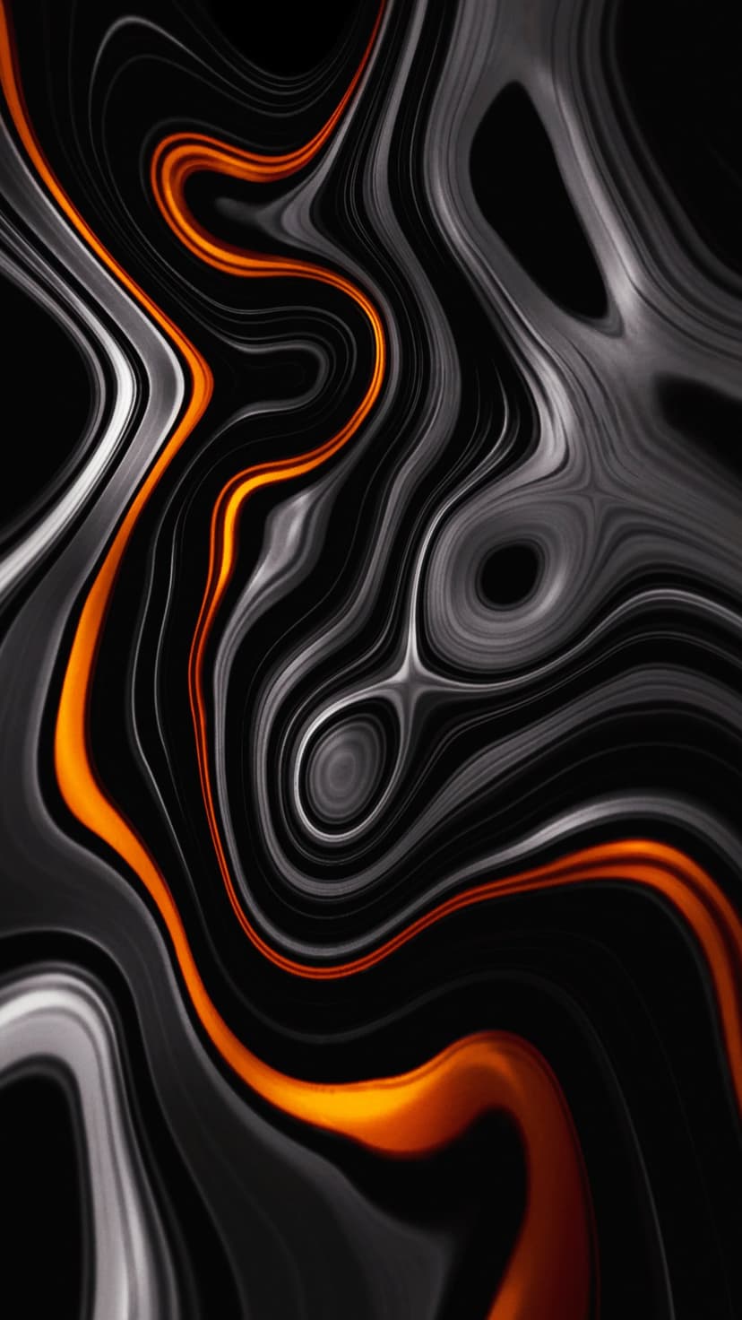 Swirling orange and black liquid ribbons flow with metallic gray highlights and glossy textures in a dark space.