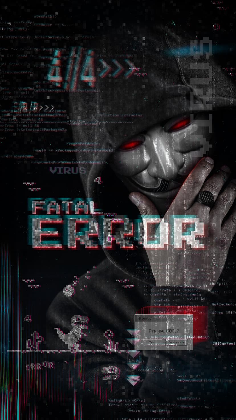 Anonymous figure in a mask with red eyes amidst digital glitch effects, code text, and a fatal error warning.