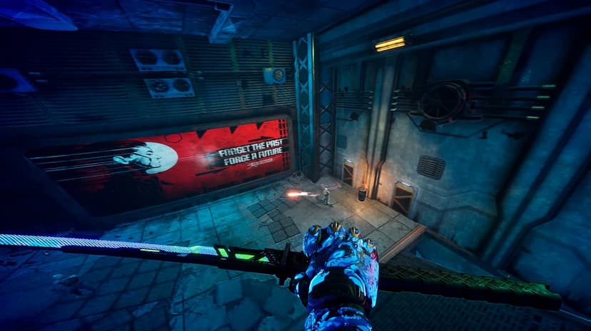 Glowing cyan katana and patterned glove held in a first-person view within a dark neon industrial room.