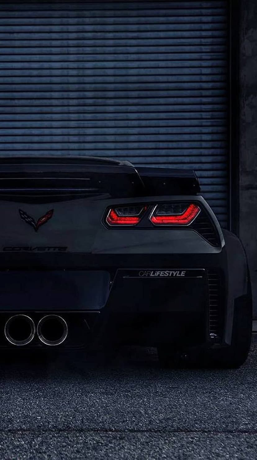 Chevrolet Corvette Z06 rear emblem and LED tail lights centered against a ribbed blue metal industrial garage door.