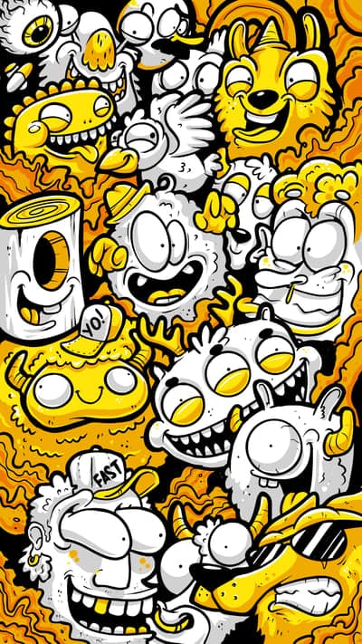 Colorful Doodle Monsters and Characters with Yellow Accents