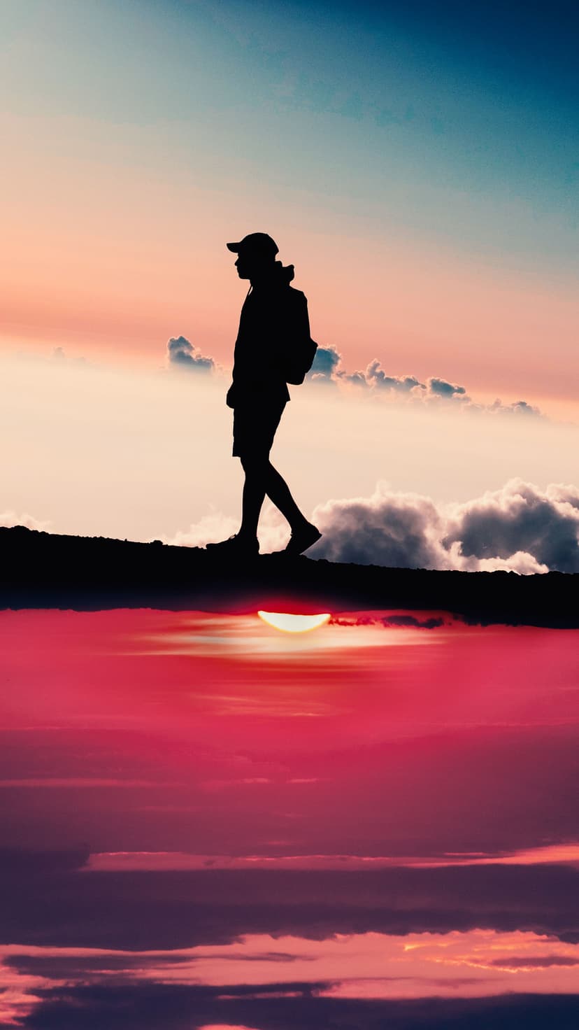 Person silhouetted on a cliff edge against a dual-tone red and blue sunset sky with drifting white clouds.