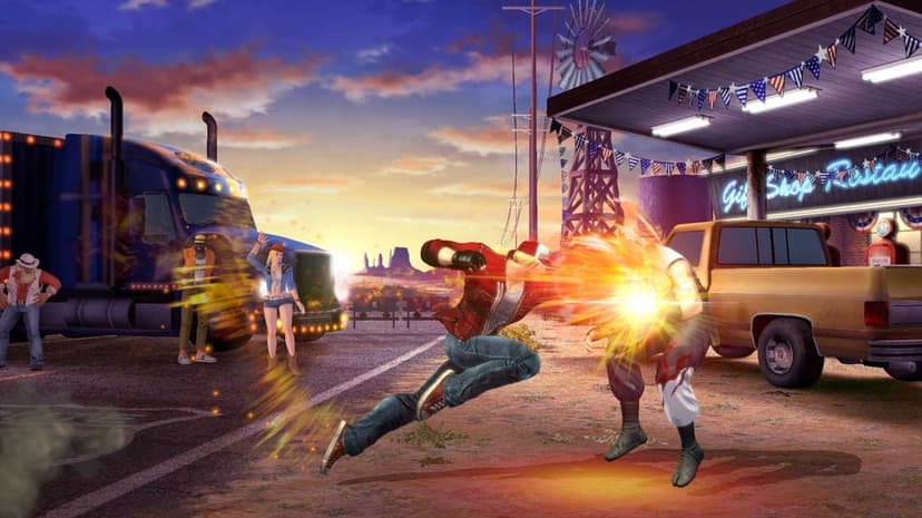 Terry Bogard performs a fiery punch at a desert gas station under a vibrant sunset sky with mountain silhouettes.
