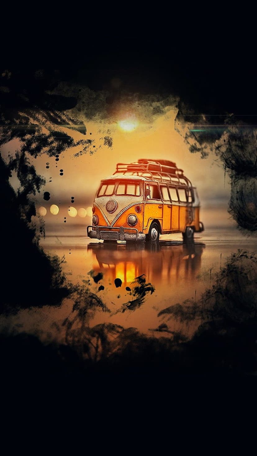 Orange and white vintage bus reflects on wet ground during a vibrant sunset with expressive dark brushstrokes.