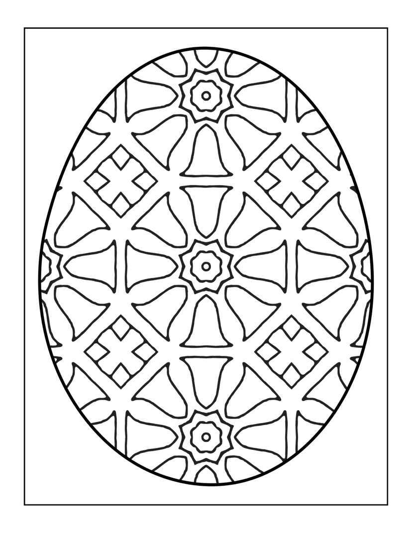 Intricate Easter egg outline featuring symmetrical floral patterns and geometric diamond shapes in black line art.