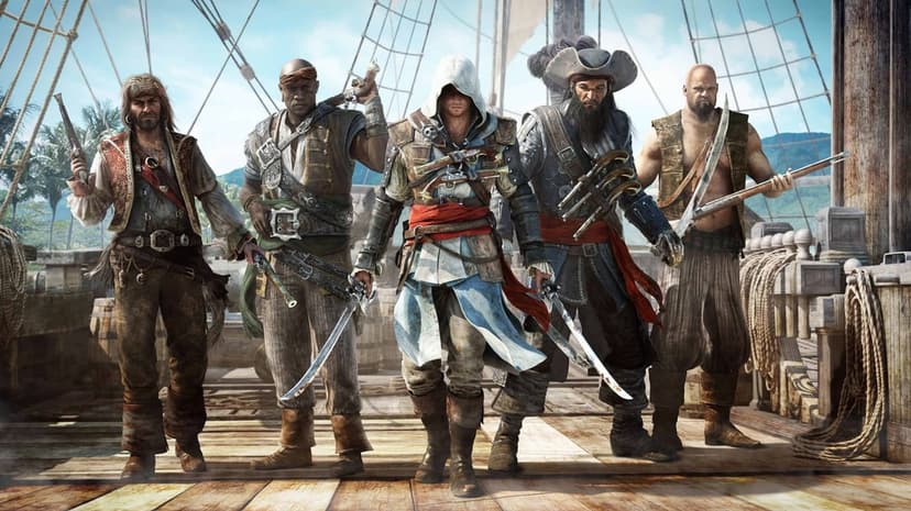Edward Kenway and his pirate crew stand armed on a wooden ship deck under a bright tropical blue sky.