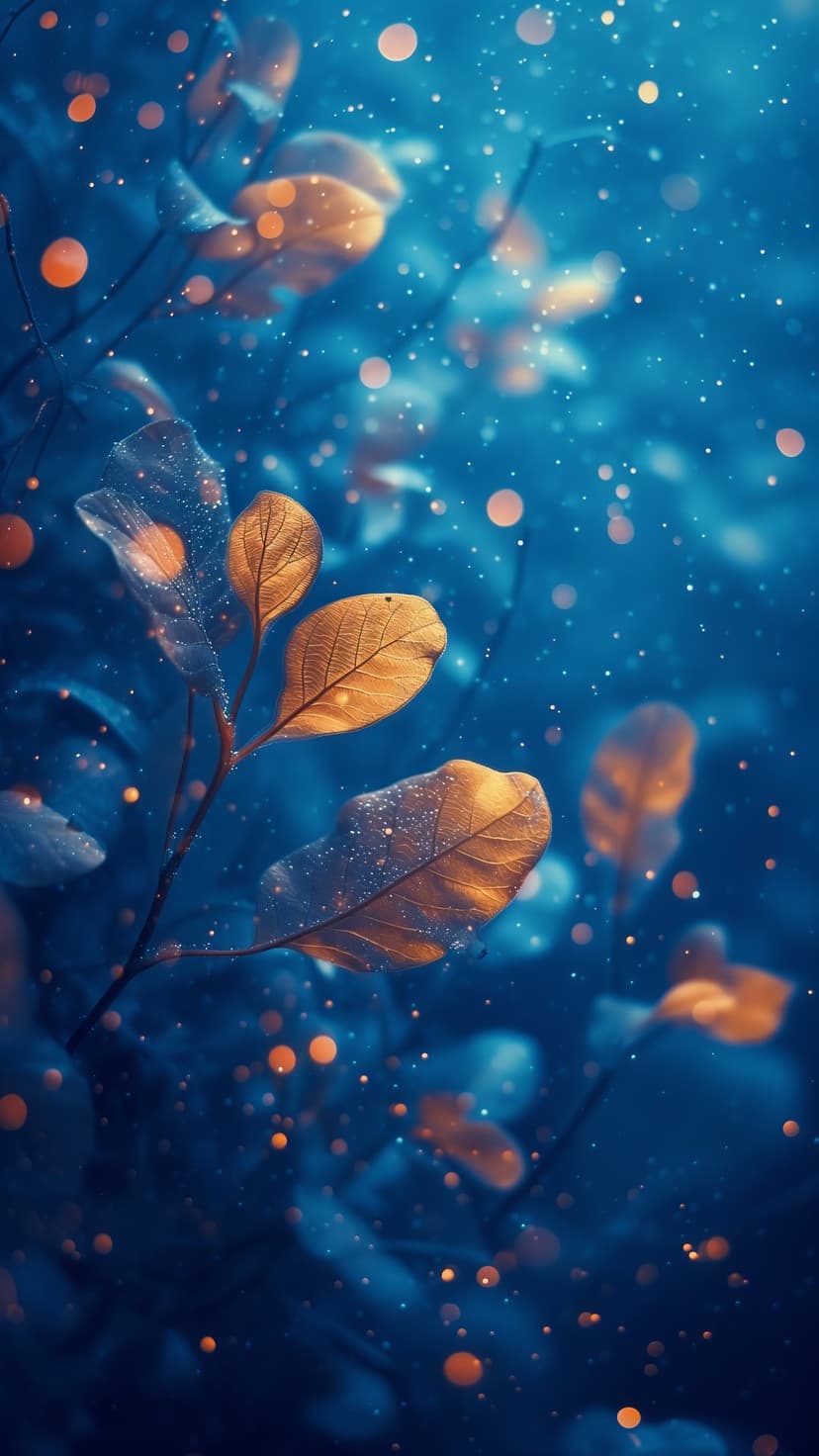 Translucent golden leaves with visible veins float against a dark blue background with orange bokeh light orbs.