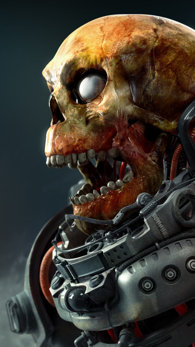 Cyborg skull featuring decaying flesh, metallic implants, and a glowing white eye in a dark sci-fi setting.
