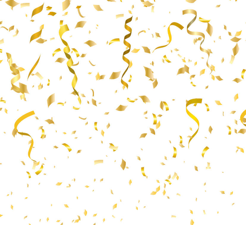 Gold confetti pieces floating against a transparent background with realistic metallic highlights and shadows.