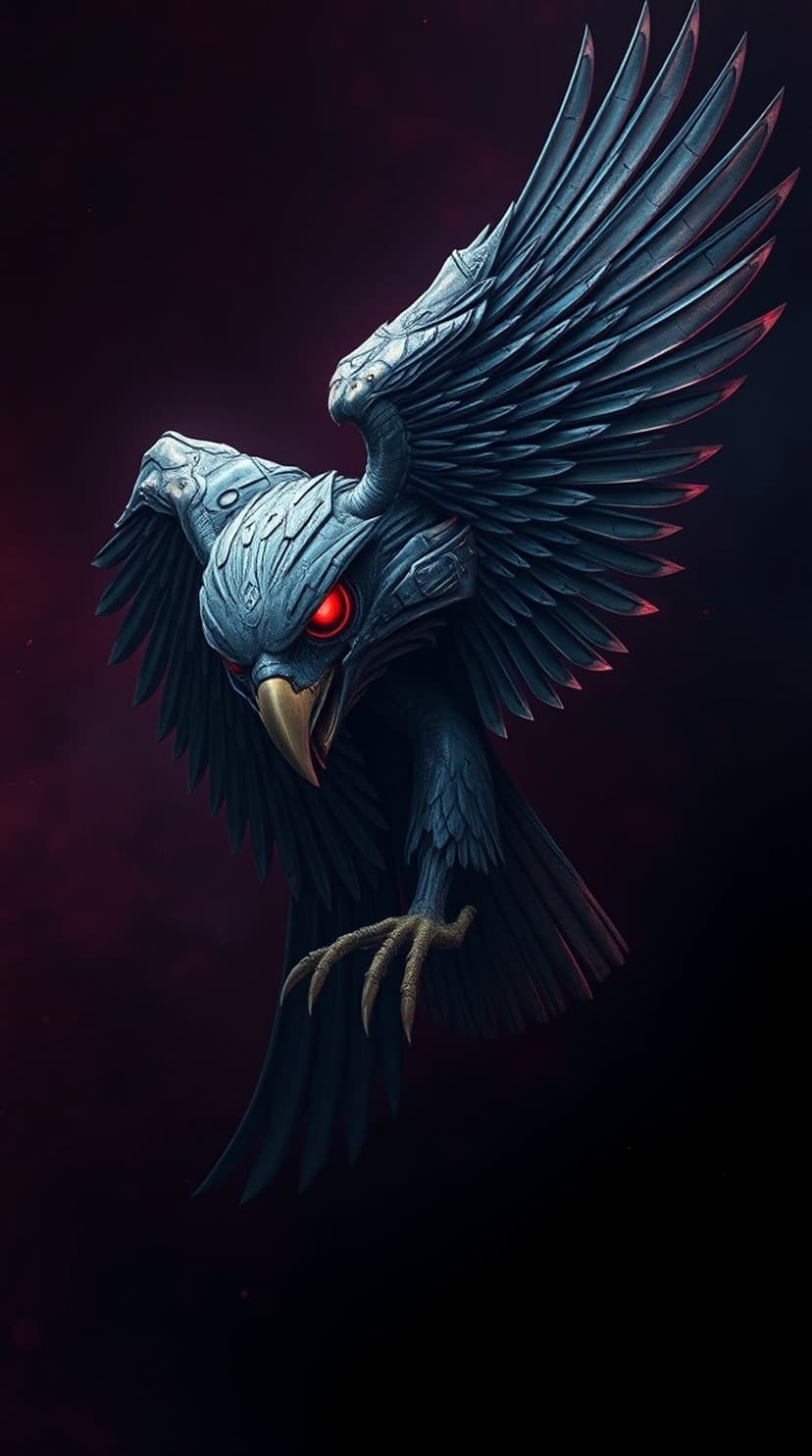 Armored eagle with glowing red eyes and metallic plating on its wings against a dark red and black background.
