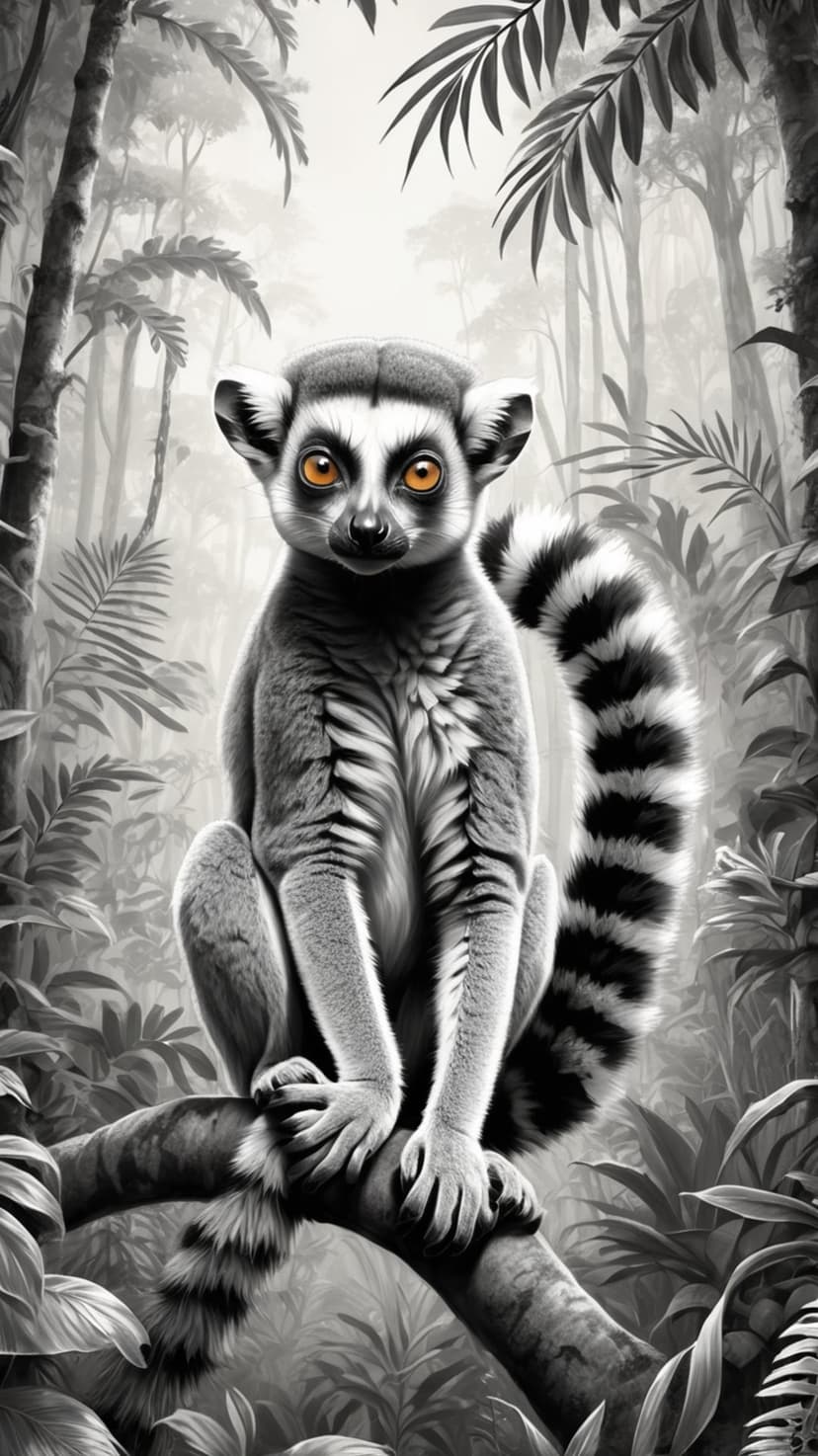 Ring-tailed lemur with bright orange eyes and a striped tail sits on a branch surrounded by dark jungle leaves.