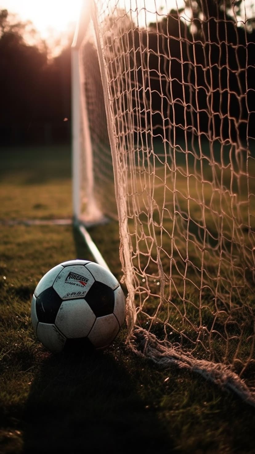 Soccer ball on a grass field near a goal net at sunset with golden sunlight filtering through background trees.