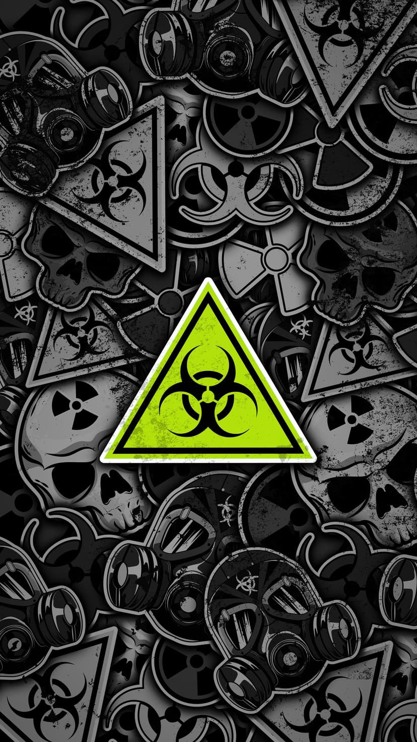 Human skulls and gas masks surround a neon green biohazard sign on a black and white distressed background.