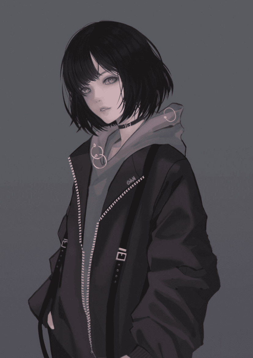 Short-haired anime girl wearing a black jacket, grey hoodie, and silver rings with a moody expression.