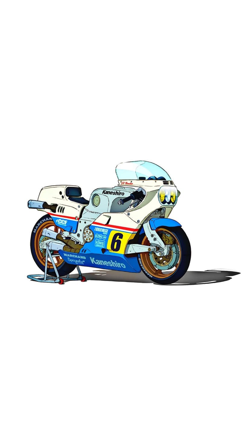 Vintage racing motorcycle with number 6 on blue and white fairings standing on a black paddock stand.