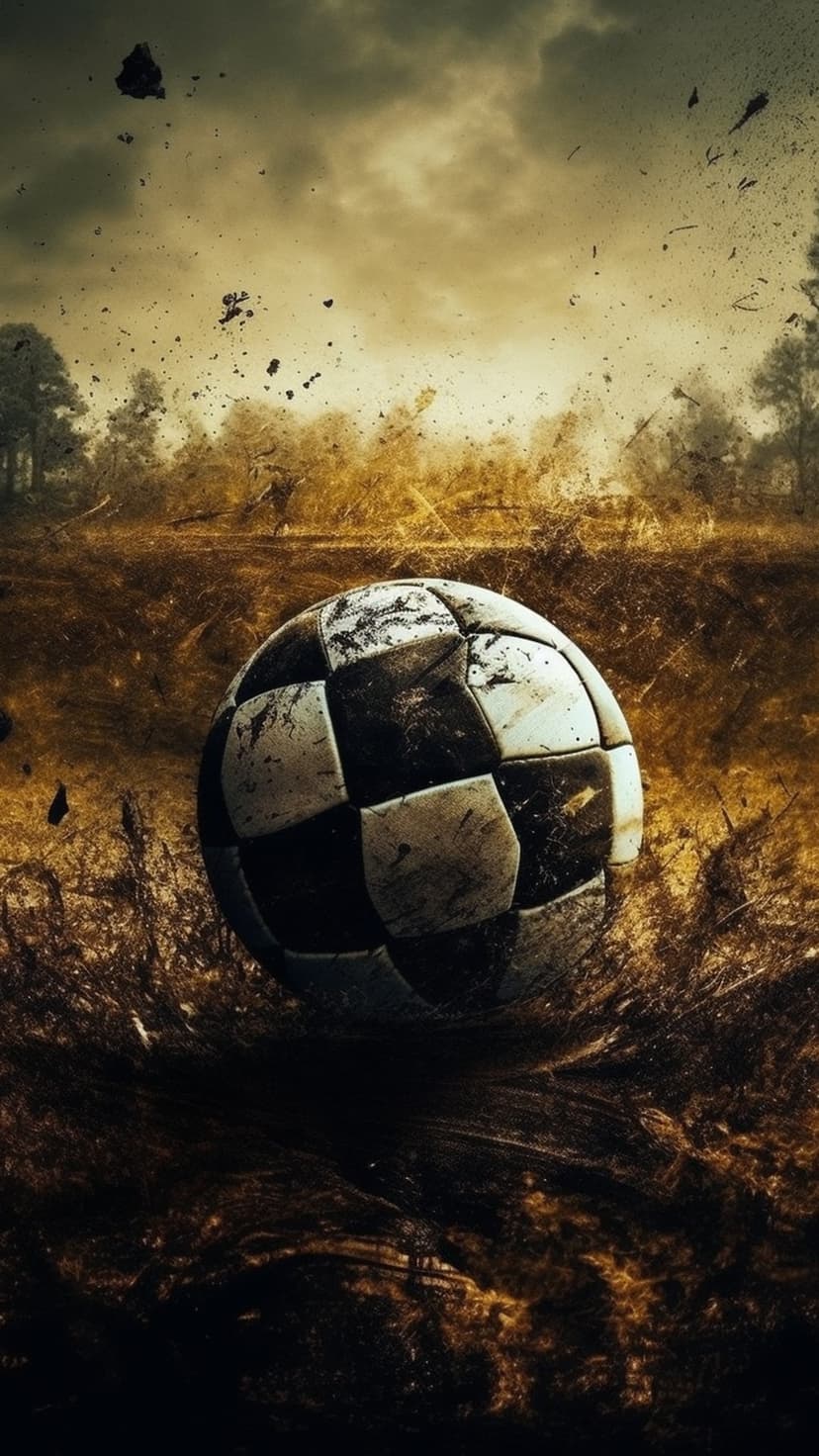 Soccer ball impacting a dusty field with flying debris and silhouetted trees under a dramatic cloudy sky.