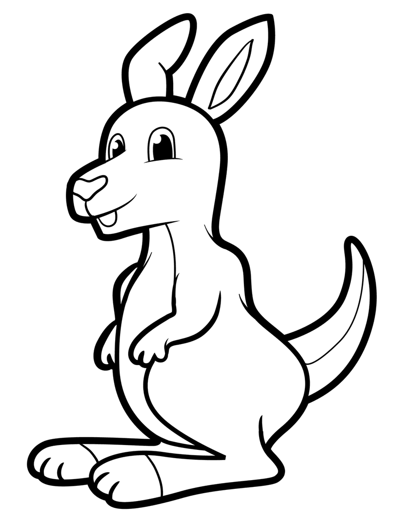 Kangaroo line art illustration showing a black and white sitting marsupial outline with large ears and a profile view.
