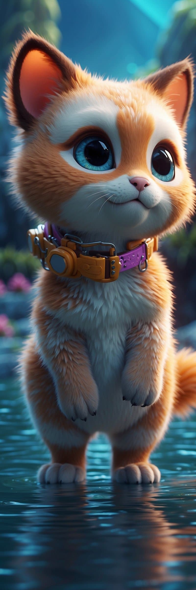 Orange and white kitten with large blue eyes and a collar standing on a reflective water surface in nature.