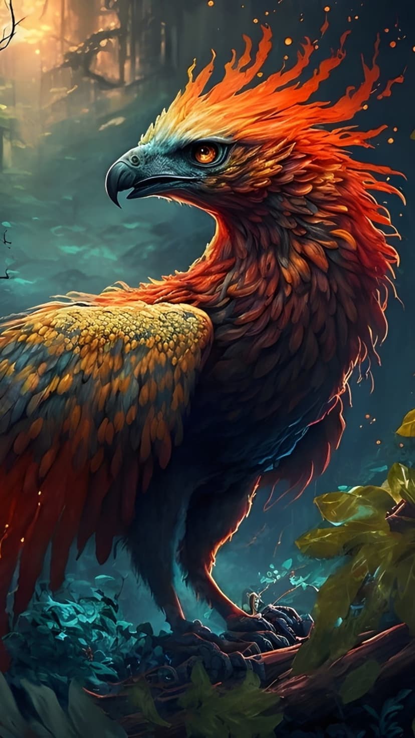 Phoenix with glowing orange feathers and amber eyes stands in a dark forest filled with embers and green moss.
