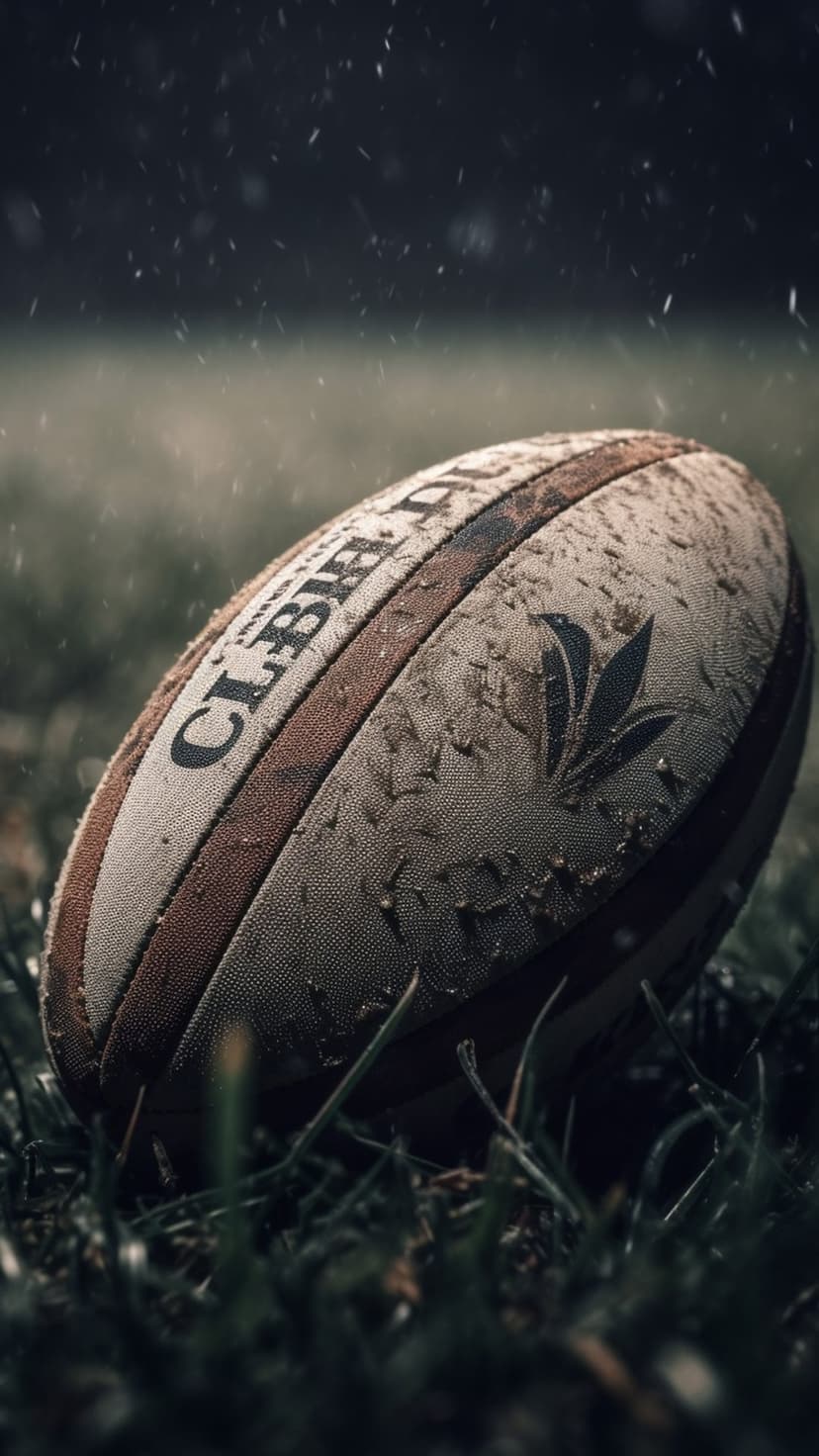 Muddy rugby ball resting in lush green grass during a heavy rainstorm with visible water droplets and mud textures.