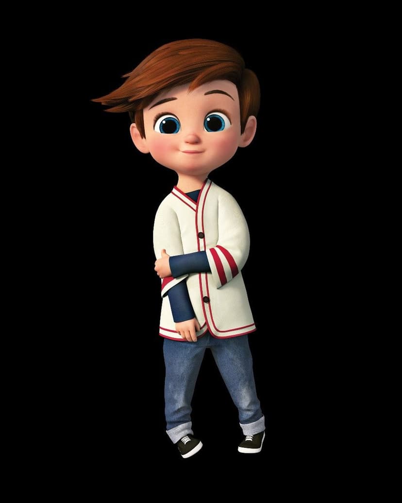 Smirking animated boy with blue eyes wearing a varsity jacket and jeans against a deep black background.