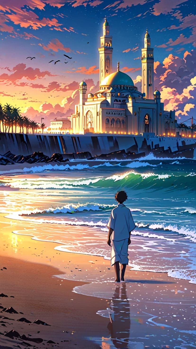 A boy on a sandy shore gazes at a golden-domed mosque under a vibrant orange and purple sunset sky with palms.