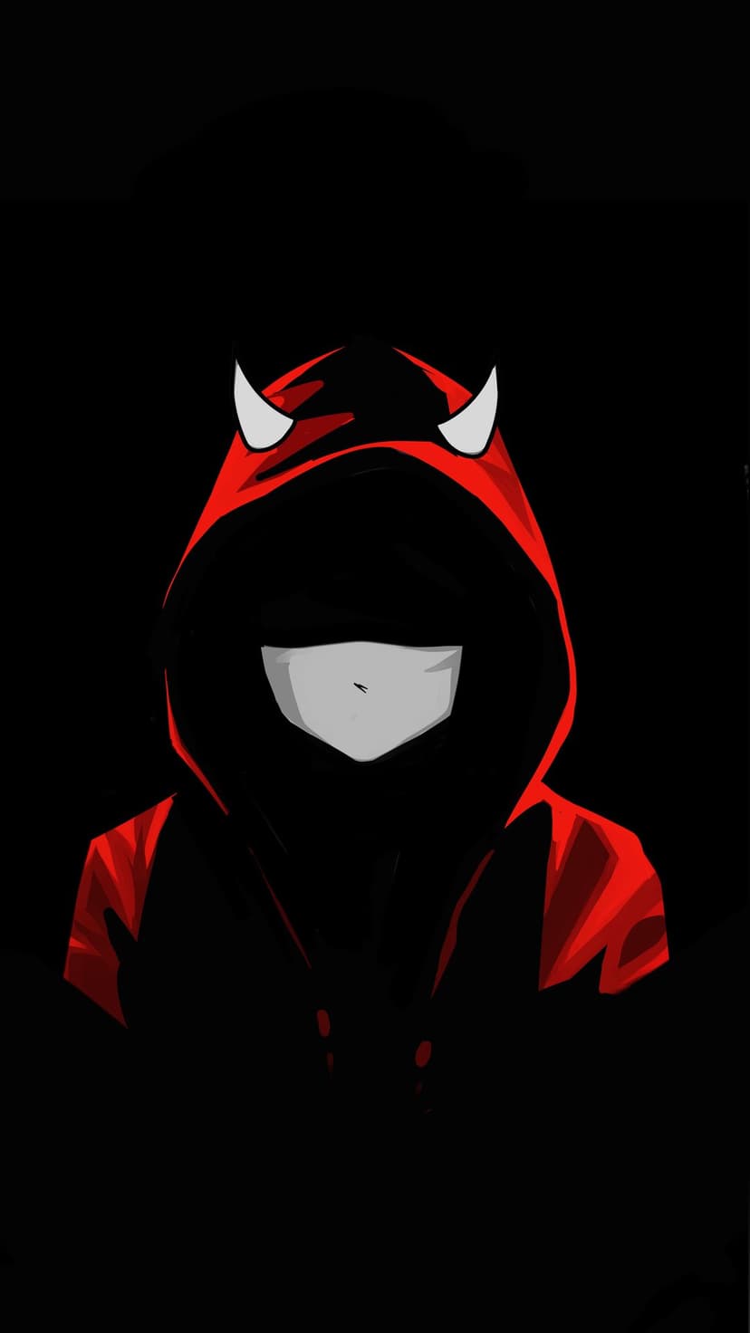 Hooded figure wearing a black mask and red devil horns smiles subtly against a dark, shadowy backdrop.