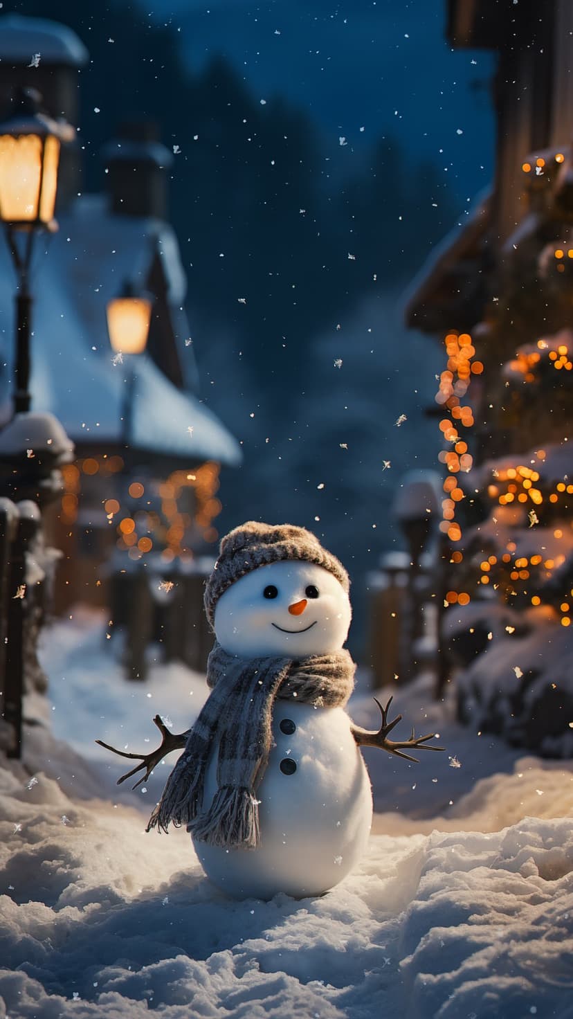 Snowman wearing a knitted hat and scarf stands in a glowing village square under falling snow at night.