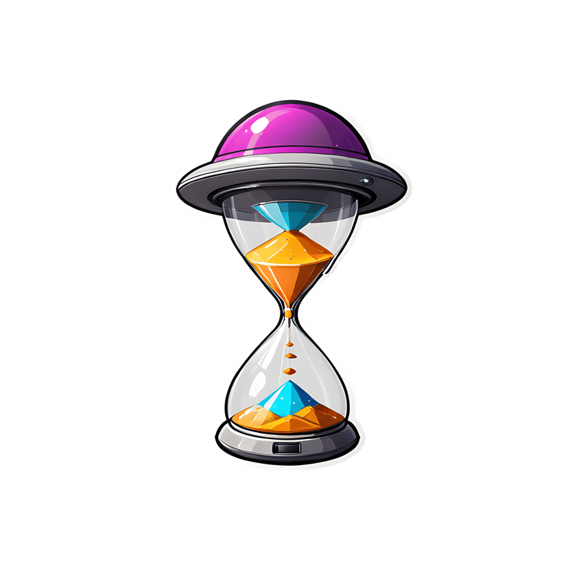 Spaceship hourglass sticker featuring orange and blue sand inside a transparent glass vessel with a pink dome.